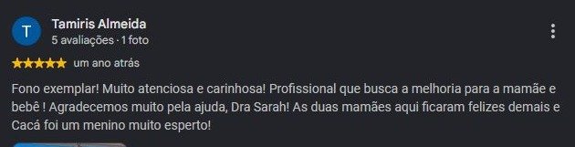 Print original da avaliação de Tamiris Almeida no Google