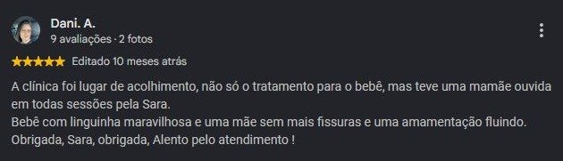 Print original da avaliação de Dani. A. no Google