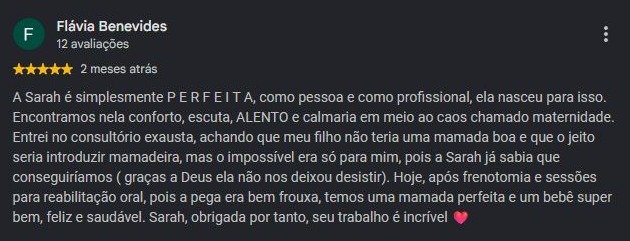 Print original da avaliação de Flávia Benevides no Google